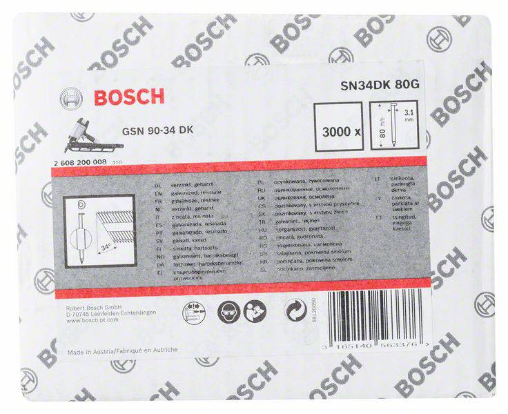 Štítek na obalu Bosch s názvem produktu 'GSN 90-34 DK', modelovým číslem 'SN34DK 80G', technickými údaji a firemními informacemi.