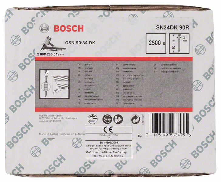 Obal přístroje Bosch na hřebíky, model SN34DK 90R. Zobrazuje technické specifikace, informace o výrobci a čárový kód.
