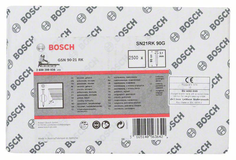 Balicí etiketa s logem a názvem společnosti Bosch. Informace o produktu: Typ 'SN21RK', Množství '90G', Linie 'GSN 90-21 RK', 2500 kusů. Přítomny CE štítky a výstražné upozornění.