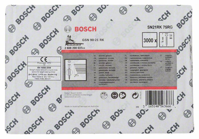 Balení hřebíků Bosch, model GSN 90-21 RK, 3000 kusů, s vytištěnými technickými detaily a aplikacemi.