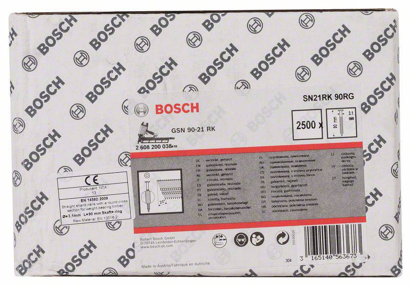 Balíček Bosch s modelovým číslem 'GSN 90-21 RK'. Obsahuje technické detaily a symboly norem a bezpečnostních certifikátů.