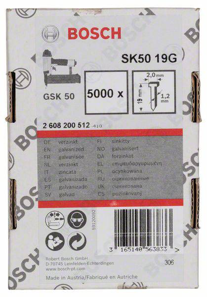 'Balení ocelových kolíků Bosch SK50 19G, GSK 50, 5000 kusů. Rozměry: 2,0 mm tlusté, 1,2 mm velké.'