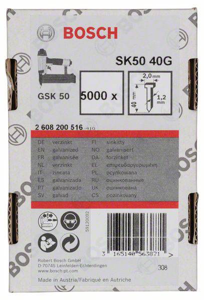 Balení Bosch SK50 40G s 5000 hřebíky, každý o rozměrech 2,0 x 1,2 mm. Text v různých jazycích a viditelný čárový kód.