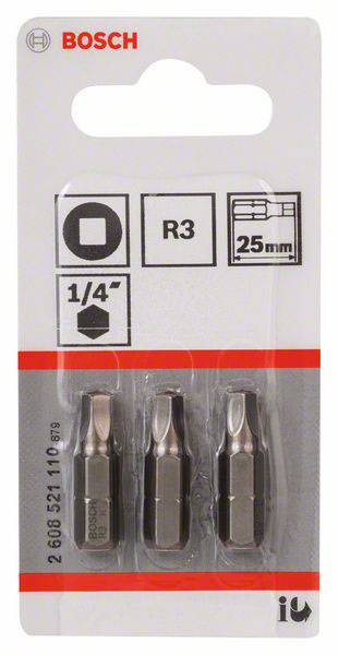 Tři šroubovací bity v obalu Bosch. Označení: 'R3', '25 mm', '1/4'. Navrženy pro šroubovací a montážní práce.