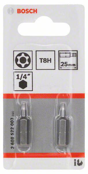 Balení bitů Bosch T8H pro šroubovák, délka 25 mm, upínání 1/4", obsahuje dva bity s bezpečnostním profilem Torx.