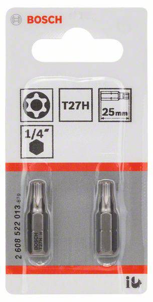 Torx bity Bosch T27H, 25 mm, 1/4 palce, dva kusy v plastovém obalu, katalogové číslo 2608522013, vhodné pro šroubovací práce.