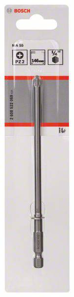 Balení bitů šroubováku Bosch. Označení: Typ PZ2, délka 146 mm, šestihranná stopka 1/4 palce. Obsahuje produktové informace.