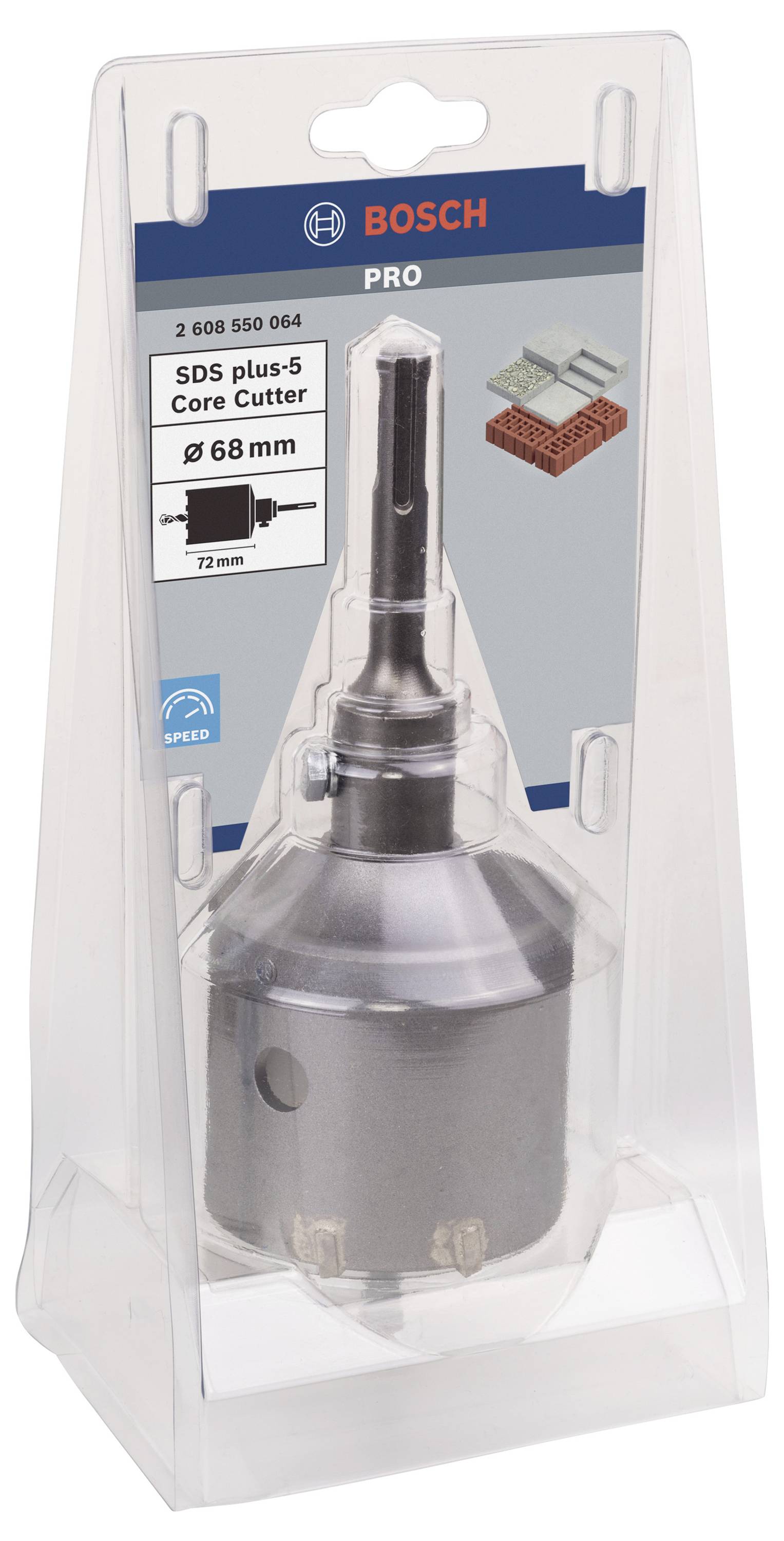 SDS plus-5 jádrový vrták od Bosch, Ø 68 mm, pro beton a cihly; v průhledném obalu s detaily produktu na štítku.