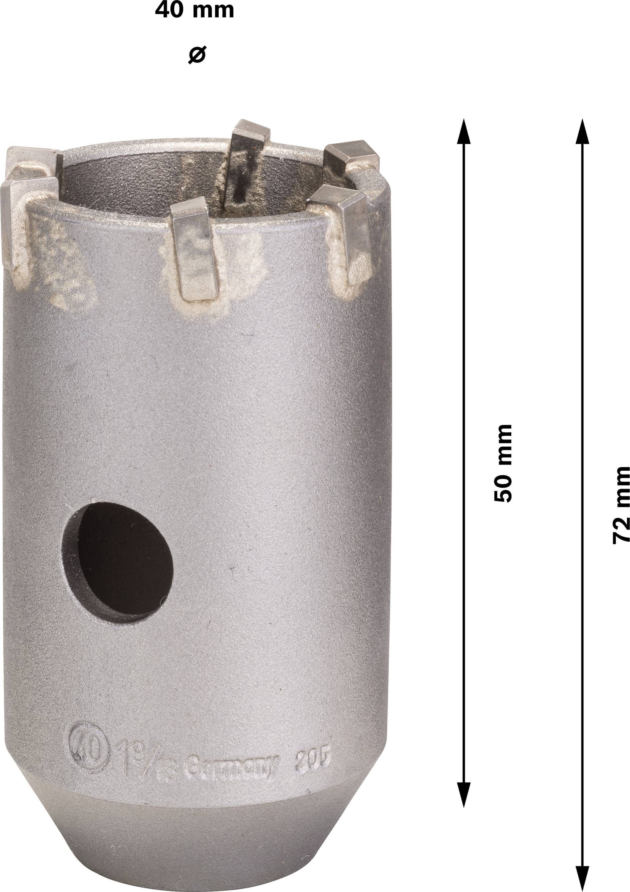 Bimetalová korunková pila, průměr 40 mm, výška 72 mm, hloubka řezu 50 mm, vhodná pro vrtání do kovu, s bočními otvory.
