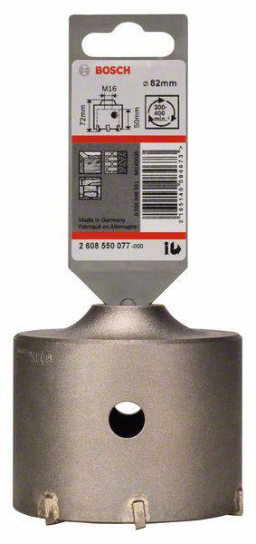 Šedočerná vrtací koruna od Bosche s etiketou, průměr 82 mm. Etiketa zobrazuje popis a technické detaily.