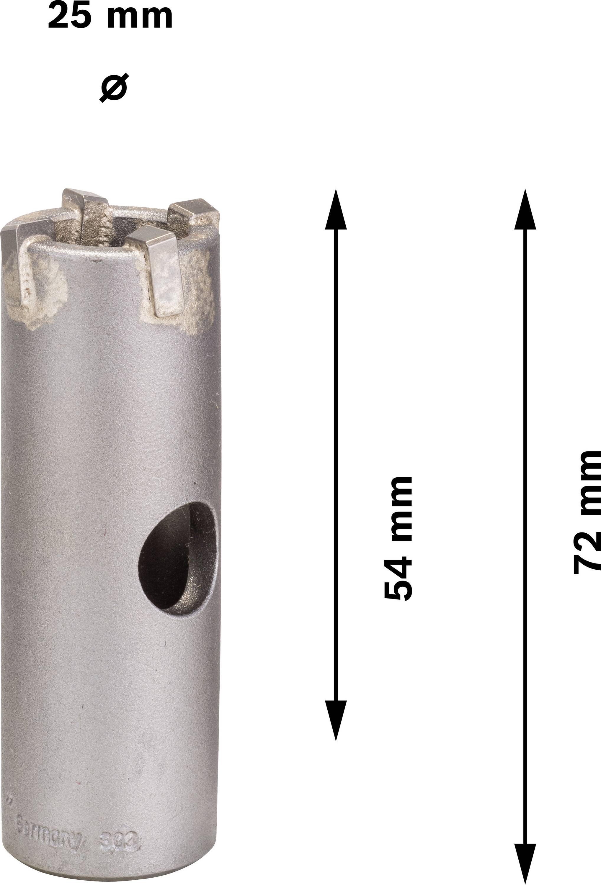 Vrtací korunka, průměr 25 mm, celková výška 72 mm, pracovní délka 54 mm.