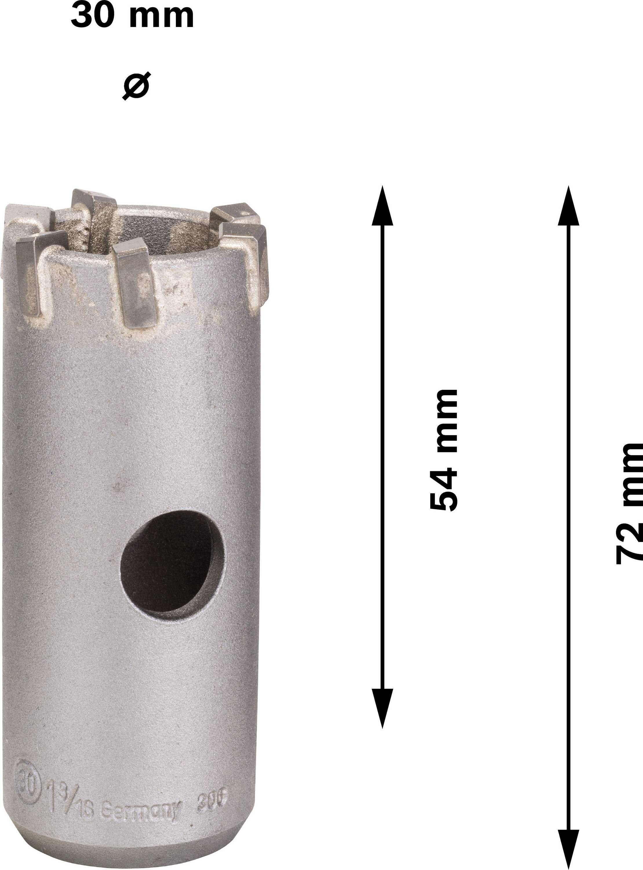 Cylindrická vrtací hlava s průměrem 30 mm, výškou 54 mm a celkovou výškou 72 mm je zobrazena.