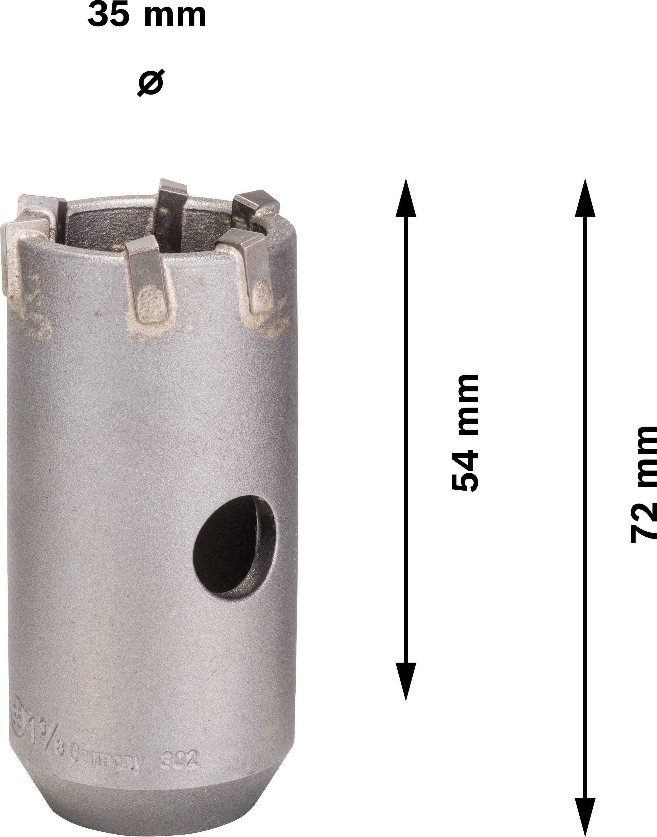 Kovový vrták s válcovým tvarem, průměr 35 mm, délka 54 mm, celková délka 72 mm, má řezné zuby a boční otvor.