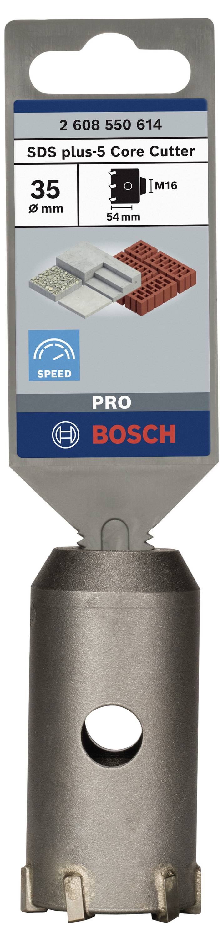 'Bosch SDS plus-5 Core Cutter' pro cihly a beton, průměr 35 mm, délka 54 mm, zobrazuje obrázek nástroje s obalovým štítkem.