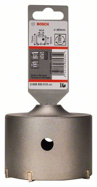 Děrovací pila Bosch o průměru 90 mm s uchycením M16. Balení zobrazuje technické detaily a pokyny k použití.