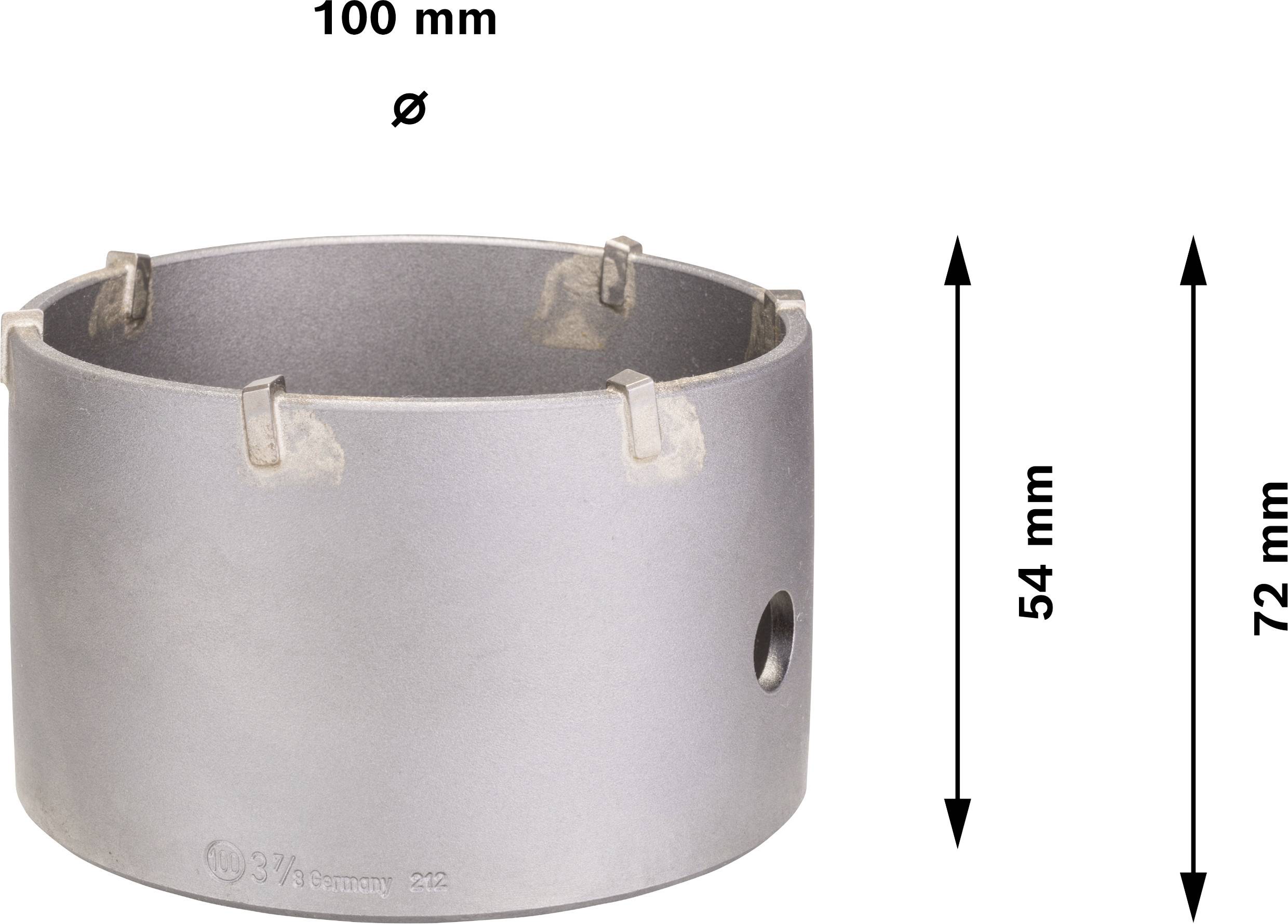 Vrtací korunka s průměrem 100 mm a výškou 72 mm. Výška řezu činí 54 mm.