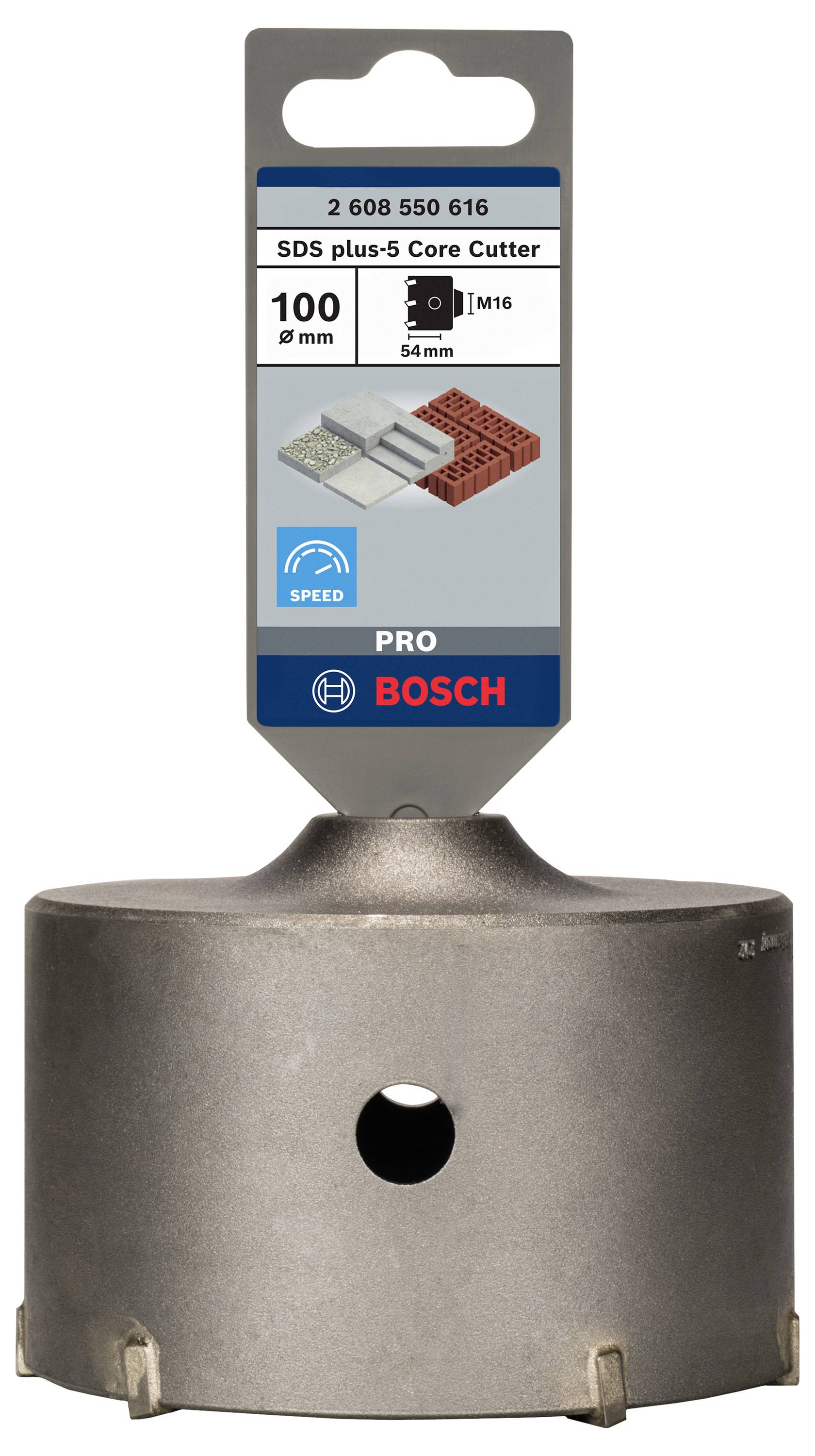 SDS plus-5 vrtací korunka od Bosch, vhodná pro cihly a beton, průměr 54 mm, smyčka pro vrtání do stěn, kovové tělo.