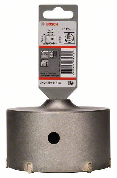 Vrtací koruna Bosch, průměr 112 mm, pracovní hloubka 90 mm, určená pro vrtání do betonu a kamene. Balení obsahuje návod k použití.