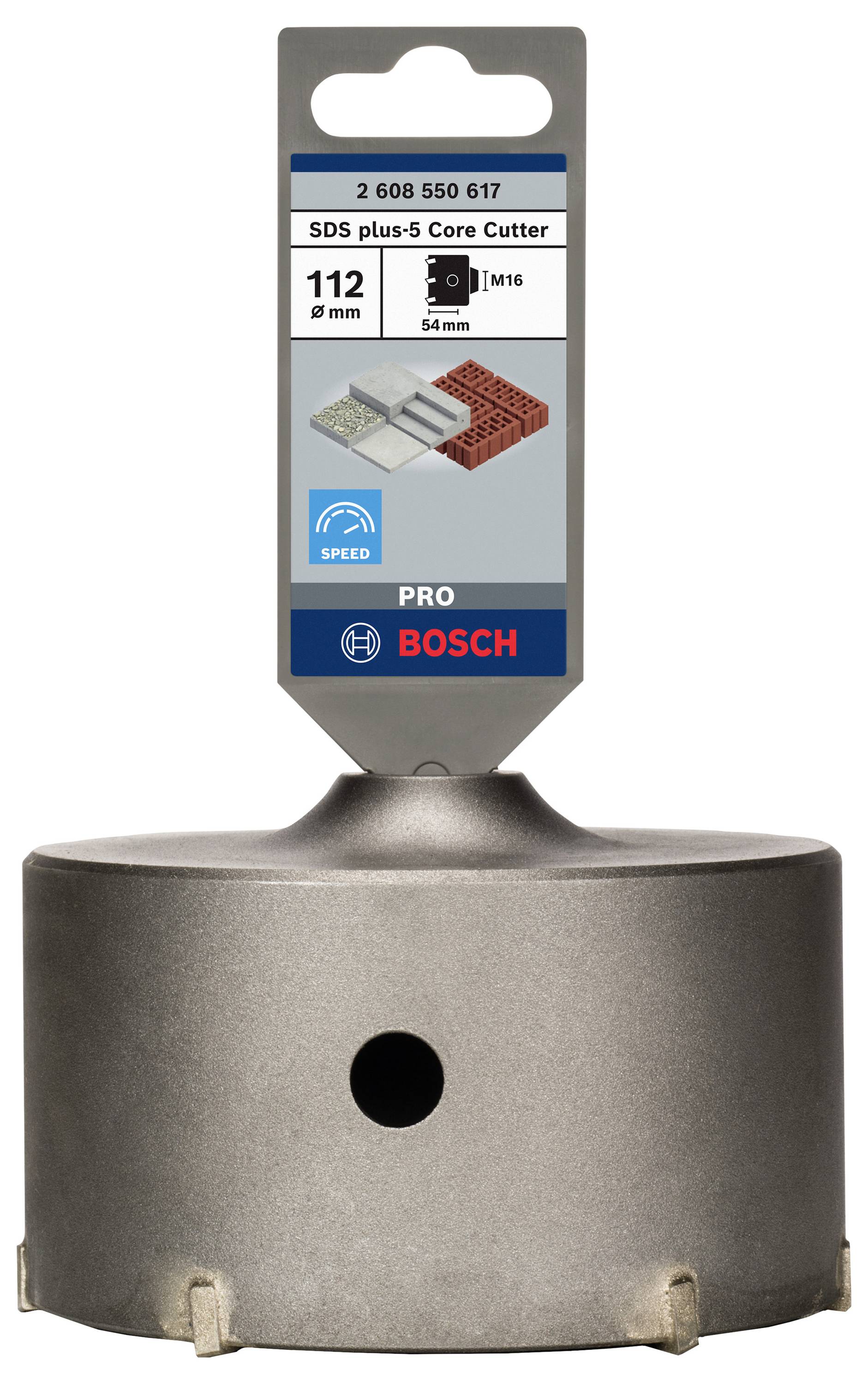 Kovová vrtací korunka od Bosch, vhodná pro beton, cihly a podobné materiály, průměr 112 mm, design SDS plus-5.