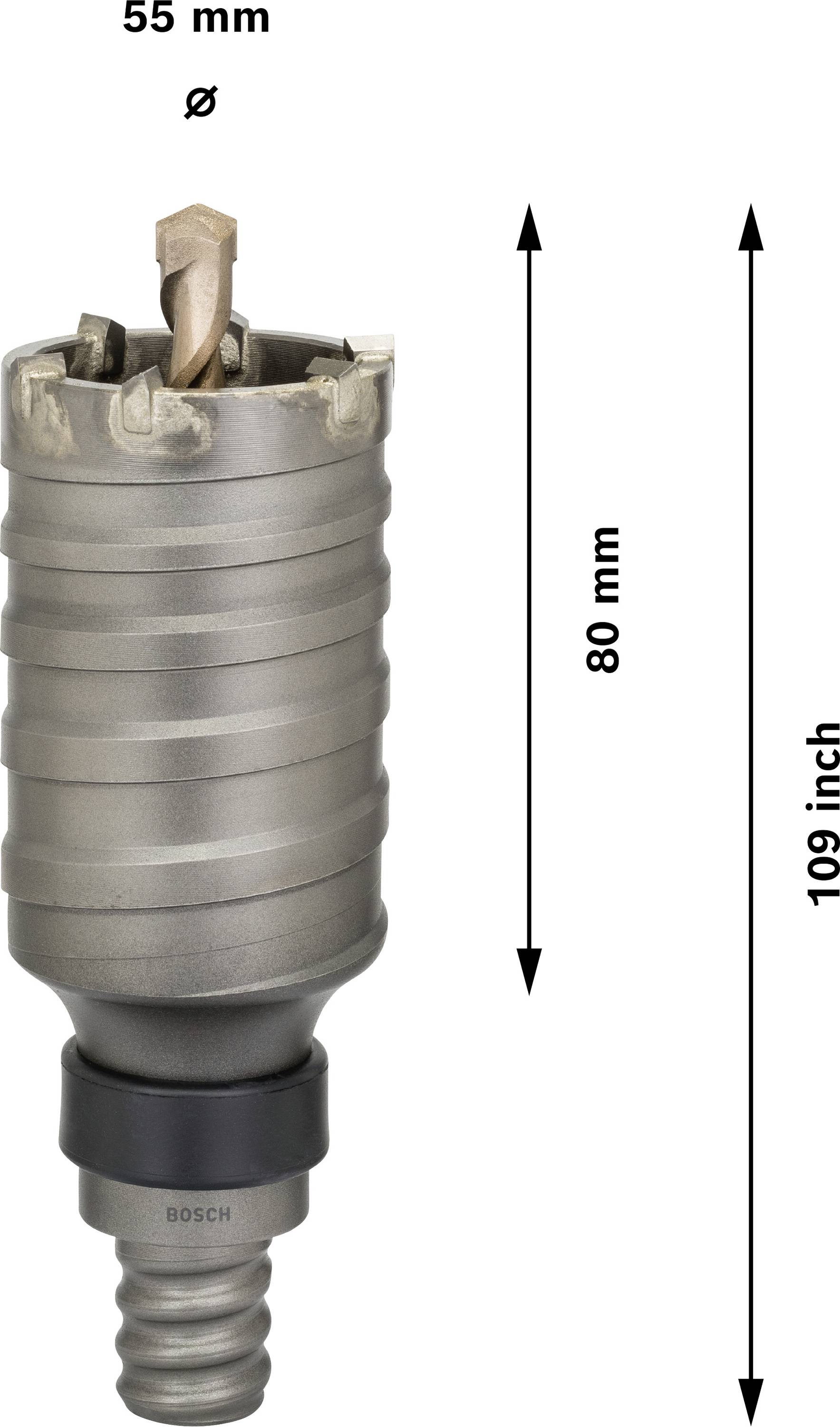 Vrtací korunka s průměrem 55 mm a délkou 80 mm, značka Bosch, vhodná pro vrtání do zdiva, zobrazuje údaje o délce a průměru.