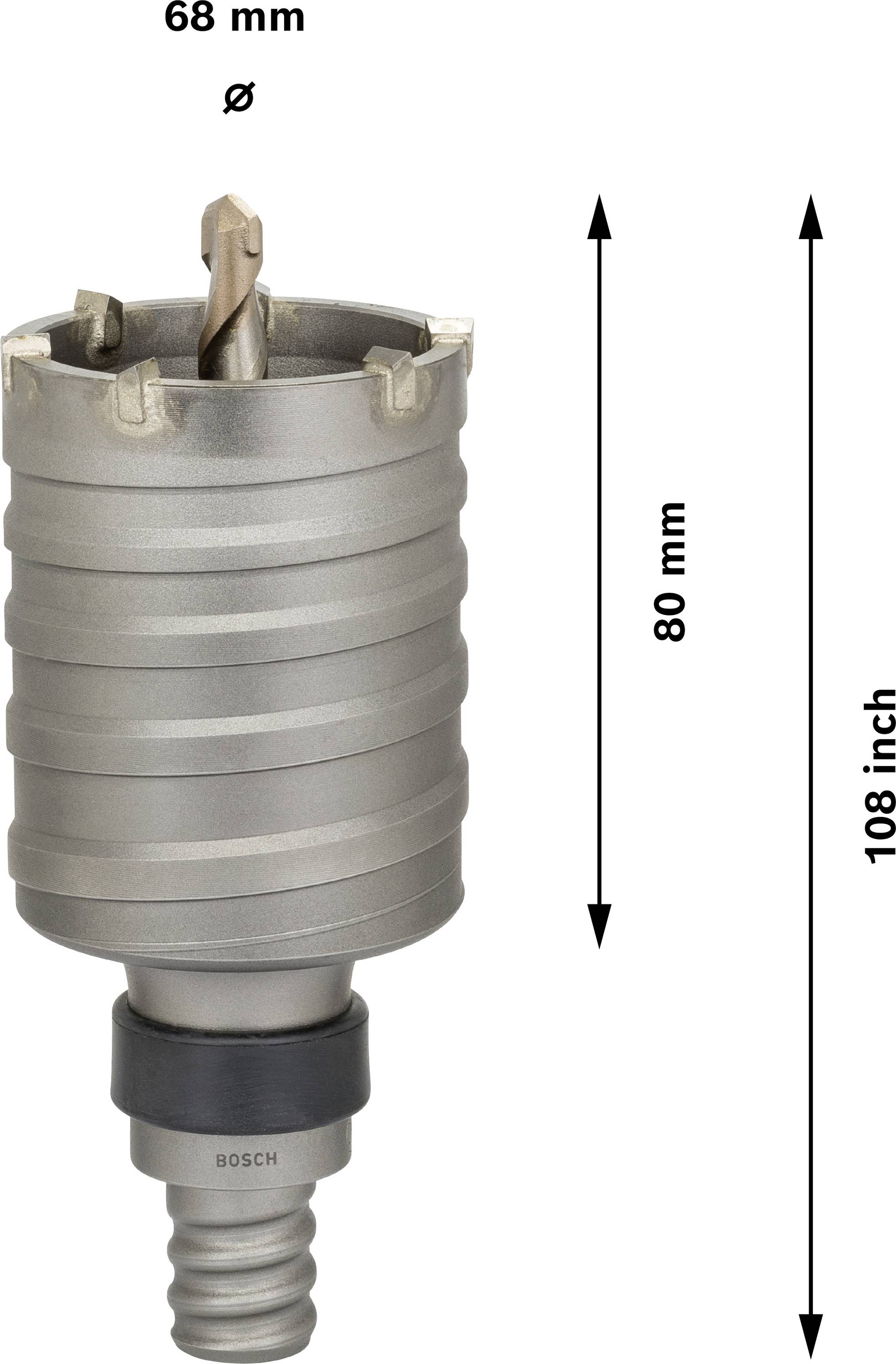 Bimetalová korunková pila s průměrem 68 mm a délkou 80 mm. Na pravé straně jsou zobrazeny rozměry v milimetrech a palcích.