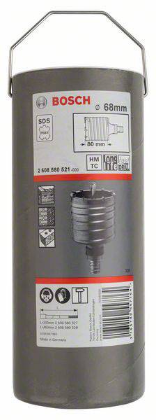 Šedý válcový vrták s logem Bosch. Etiketa zobrazuje technické specifikace: průměr 68 mm, SDS upínání a údaje o materiálu.