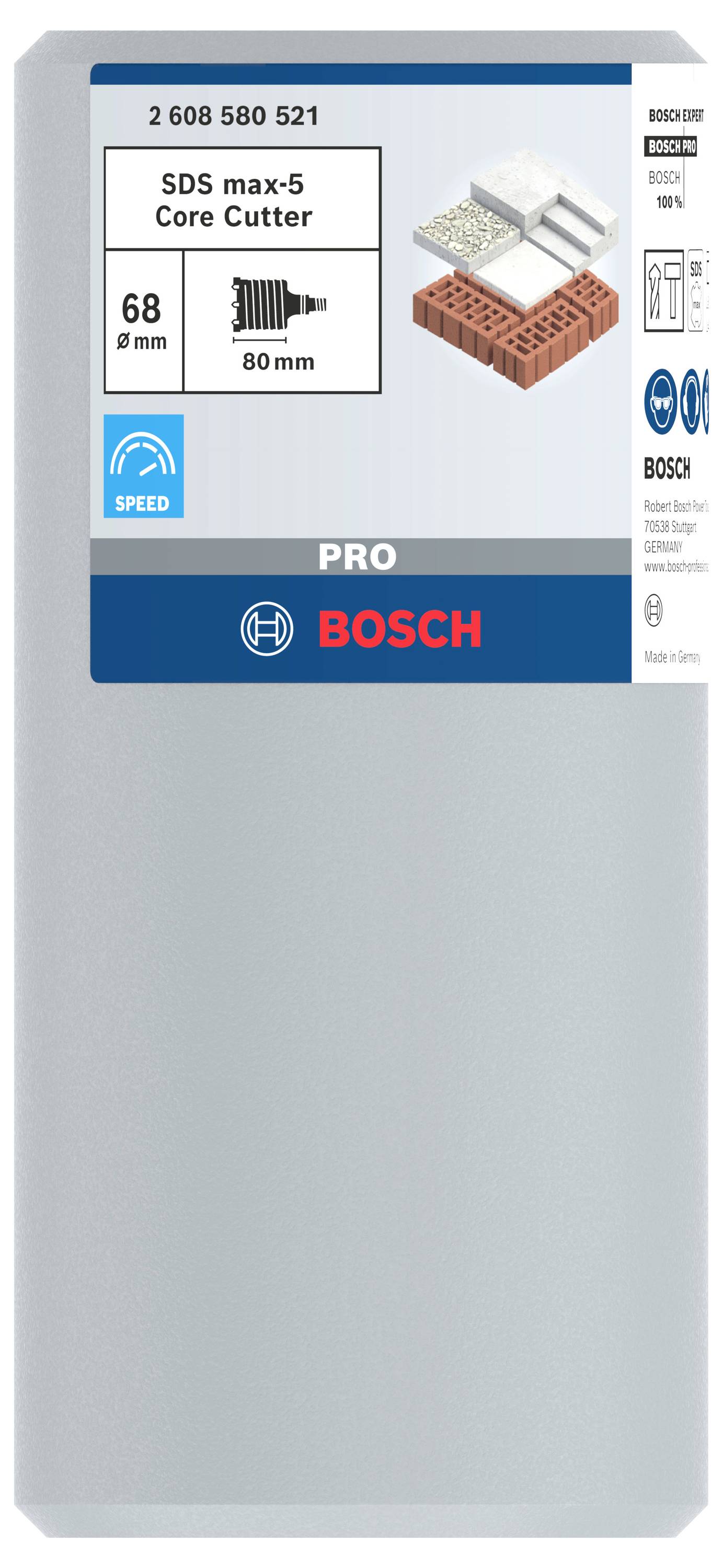 Balení jádrového vrtáku SDS max-5 od Bosch. Zobrazuje příklady použití: beton, cihla. Průměr: 68mm, délka: 80mm.