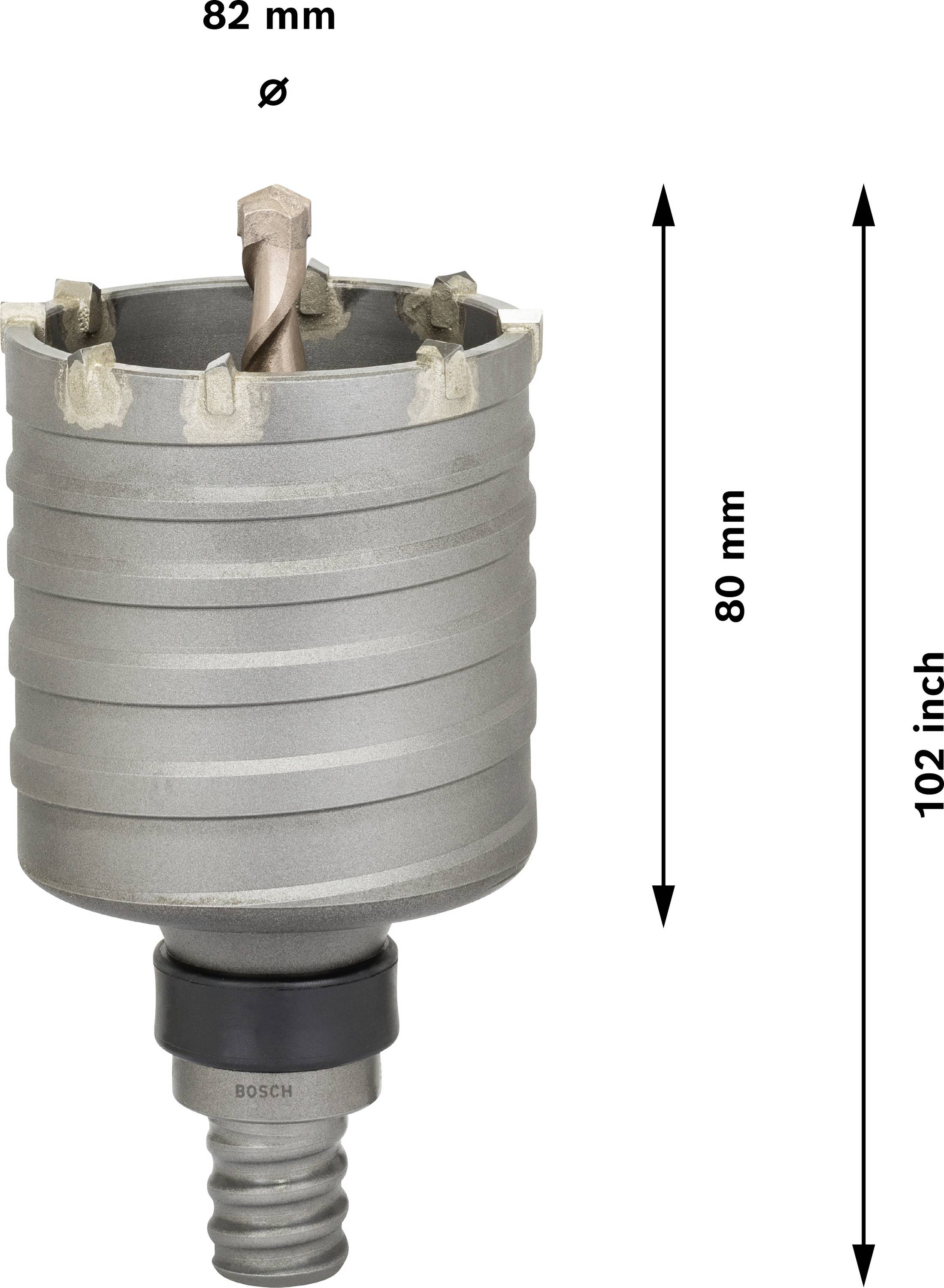 Děrovka 'Bosch' z kovu s průměrem 82 mm a délkou 80 mm. Šipky pro znázornění rozměrů.