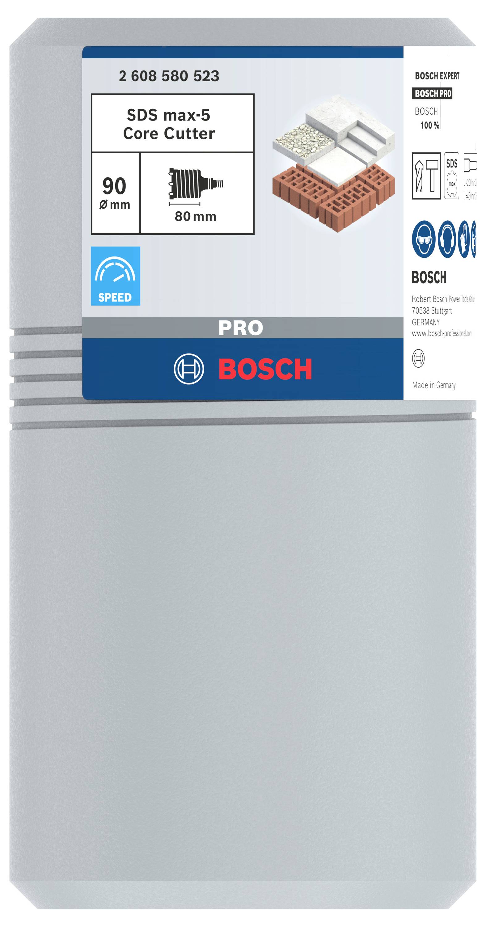 Balení SDS max-5 korunového vrtáku Bosch pro zdivo. Průměr 90 mm, délka 80 mm. Odolný a rychlý. Vyrobeno v Německu.