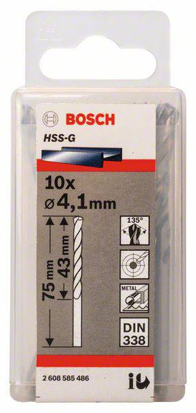 Balení Bosch HSS-G vrtáků, 10 kusů, průměr 4,1 mm, délka 75 mm. Vhodné pro obrábění kovů, certifikováno dle normy DIN 338.