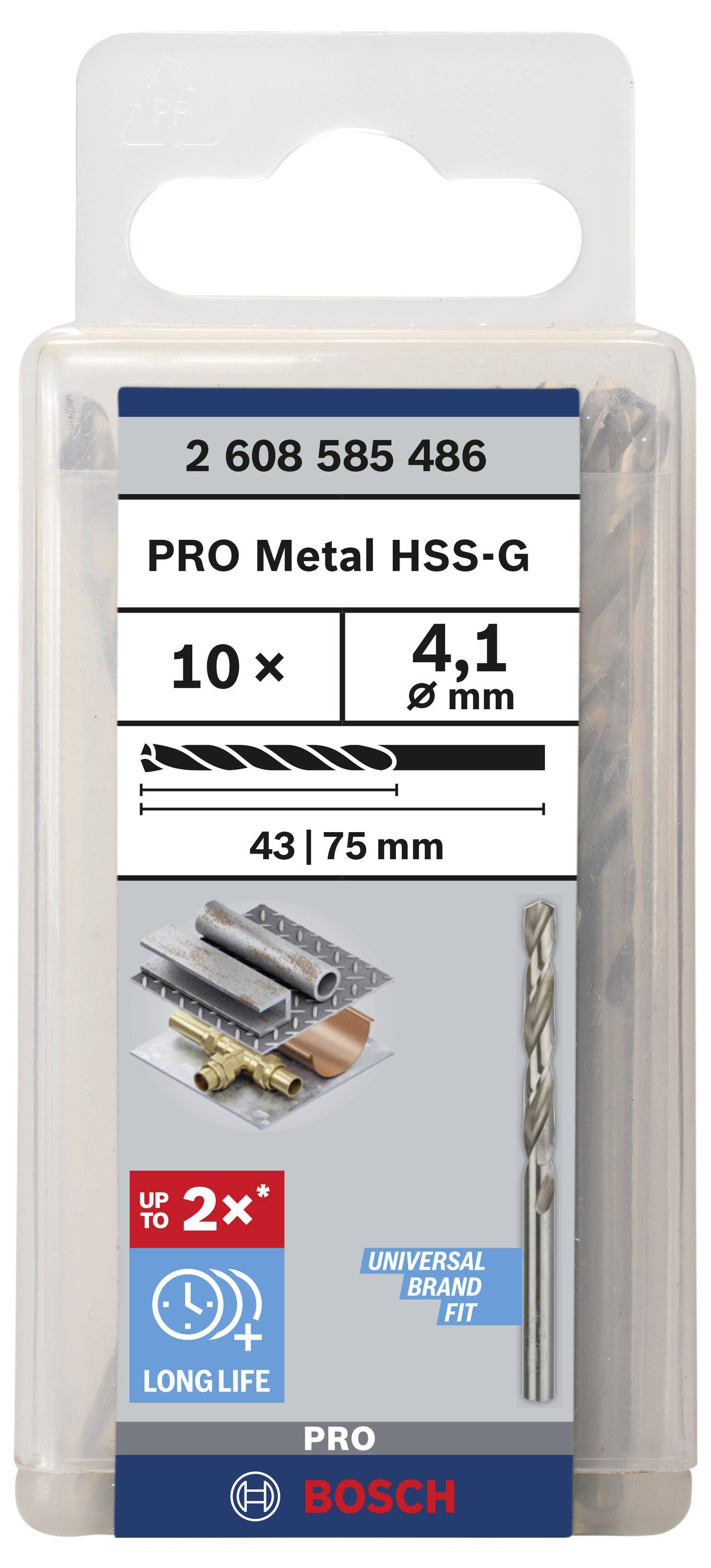 Balení vrtáků Bosch PRO Metal, 10 kusů, průměr 4,1 mm, vhodné pro vrtání do kovu, odolné a efektivní.