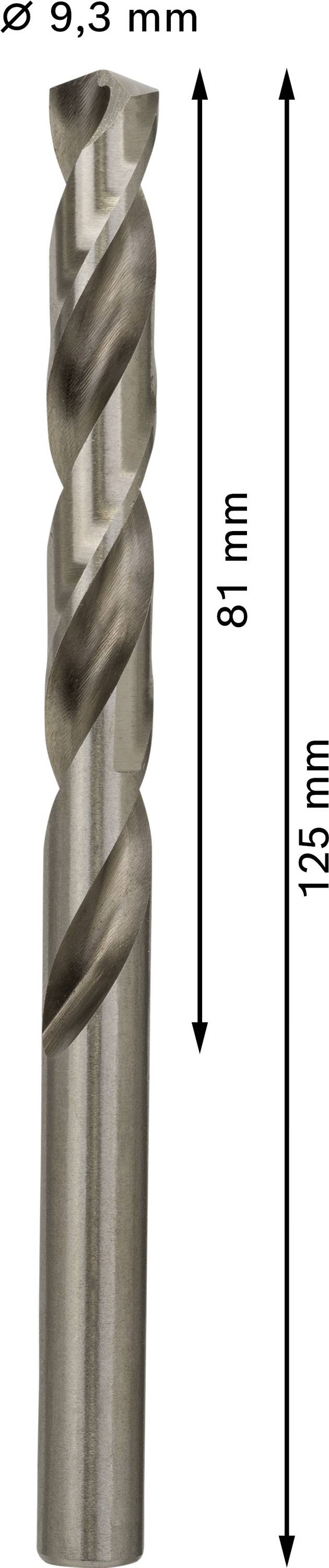 Vrták na kov s průměrem 9,3 mm, délkou řezné části 81 mm a celkovou délkou 125 mm.
