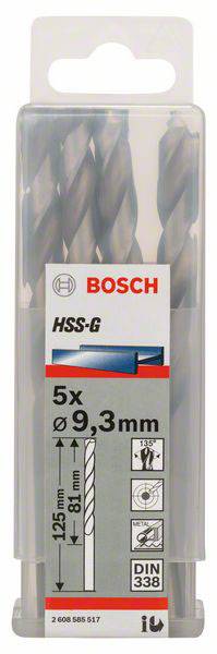Sada vrtáků Bosch HSS-G, obsahuje 5 spirálových vrtáků o průměru 9,3 mm. Vhodné pro vrtání do kovu, dle normy DIN 338.