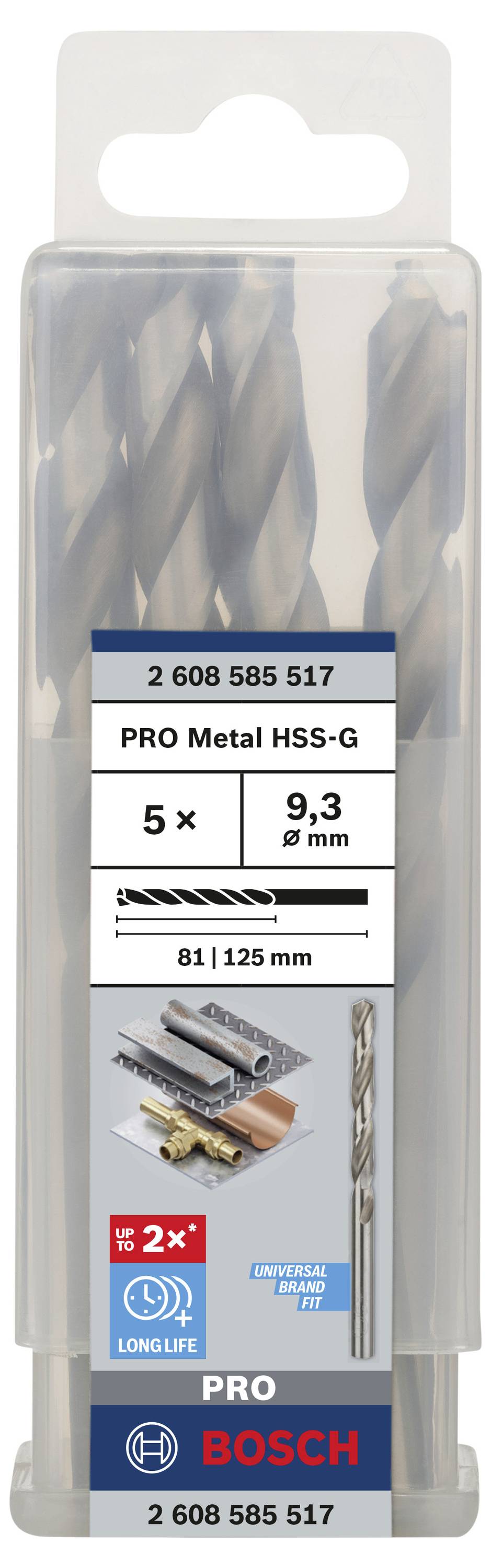 Sada vrtáků Bosch s 5 kovovými vrtáky z HSS-G pro průměr vrtání 9,3 mm a délku 81 mm, vhodná pro obrábění kovů.