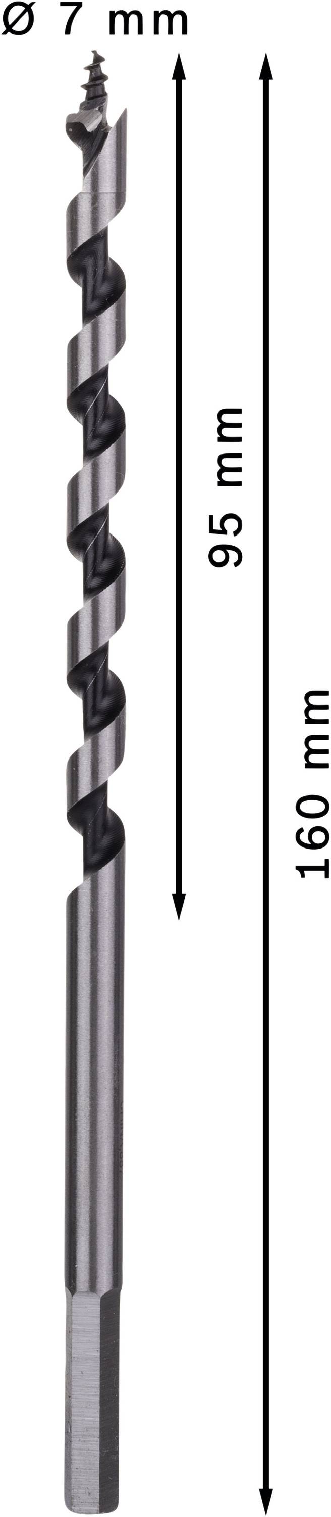 Vrták na dřevo se spirálovým designem, celková délka 160 mm, délka spirály 95 mm, průměr 7 mm, vhodný pro práce se dřevem.