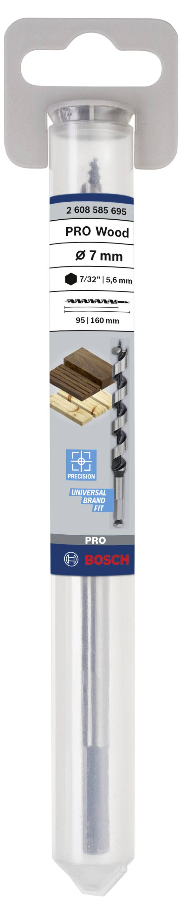 Vrták na dřevo, průměr 7 mm, značka Bosch, zabalen v plastovém obalu s etiketou 'PRO Wood'. Vhodný pro přesné vrtání.