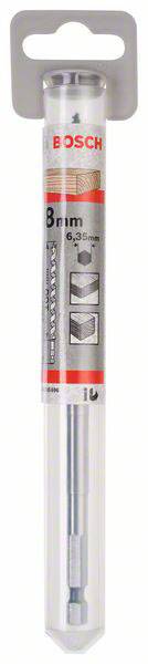 Obal vrtáku Bosch, průměr 8 mm. Text na obalu: '8 mm, 6,35 mm.' Obsahuje detaily vrtáku a firemní logo.