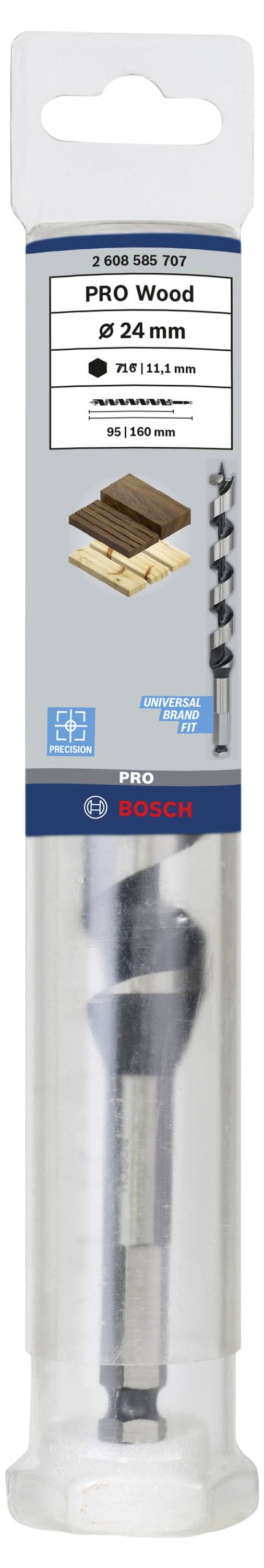 Obal vrtáku Bosch na dřevo, průměr 24 mm. Potisk: 'PRO Wood'. Vhodný pro vrtání do dřeva, obrázek dřevěných prken.