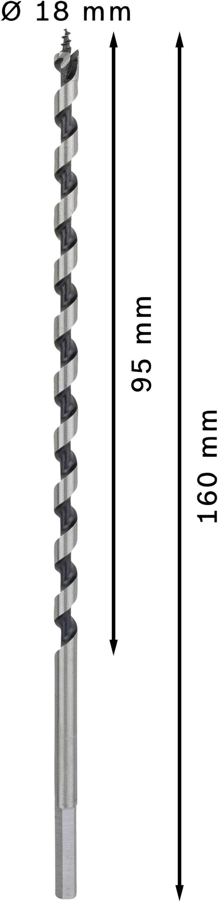 Kovový vrták s průměrem 18 mm, celková délka 160 mm, z toho 95 mm využitelná řezná délka.