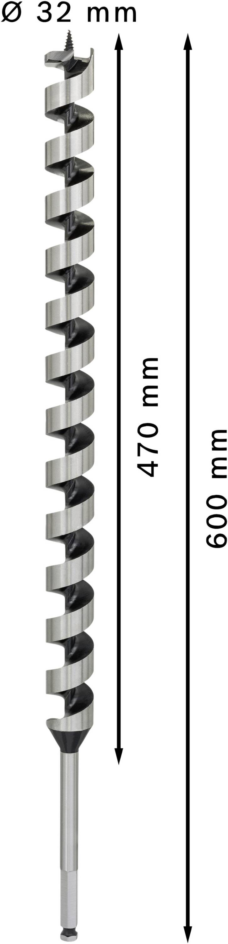 Vrták s průměrem 32 mm, celková délka 600 mm, délka spirály 470 mm.