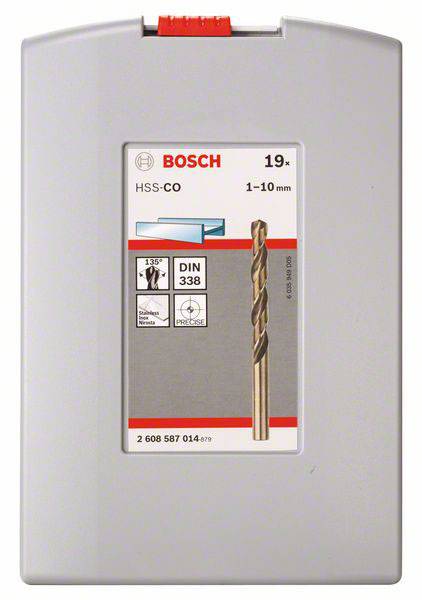 Sada vrtáků Bosch o 19 kusech, HSS-CO, velikosti 1-10 mm. Obal zobrazuje obrázek vrtáku, symboly pro špičku 135° a normu DIN 338.