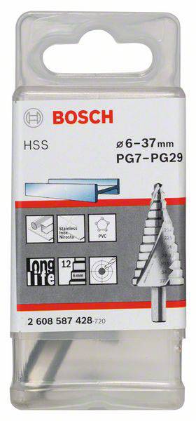 Balení Bosch stupňovitého vrtáku, vhodného pro průměry 6-37 mm, pro materiály jako nerezová ocel a PVC. Číslo modelu: 2 608 587 428.