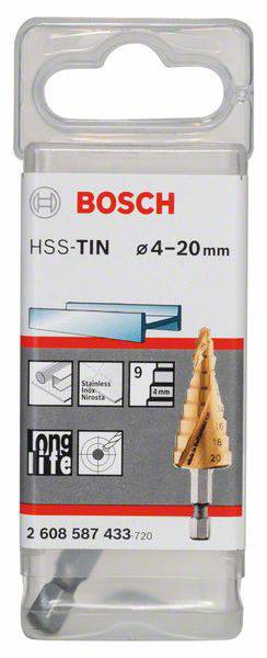 Balení Bosch stupňovitého vrtáku, HSS-TiN, průměr 4-20 mm, vhodný pro nerezovou ocel, s obrázkem vrtáku.