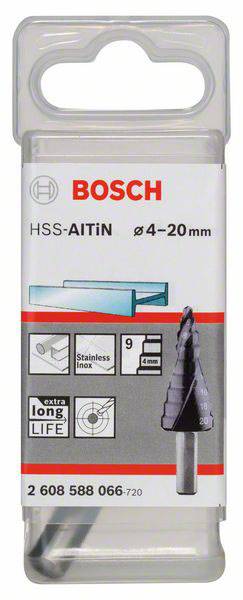 Vrták Bosch HSS stupňovitý, Ø 4-20 mm, vhodný pro kov, včetně nerezové oceli, s dlouhou životností. Balení s vyobrazením produktu.