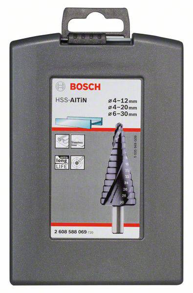 Sada vrtáků Bosch v plastovém obalu, obsahující tři velikosti HSS stupňovitých vrtáků, vhodná pro obrábění kovů.