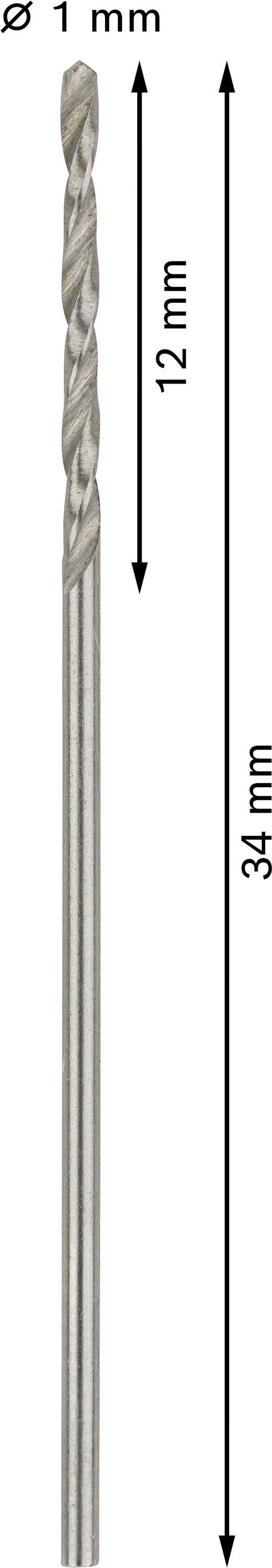 Vrták s průměrem 1 mm, celková délka 34 mm, délka spirály 12 mm.