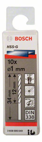 'Bosch vrták HSS-G, 10 kusů, Ø1 mm, délka 34 mm, vhodný pro kov, DIN 338.'