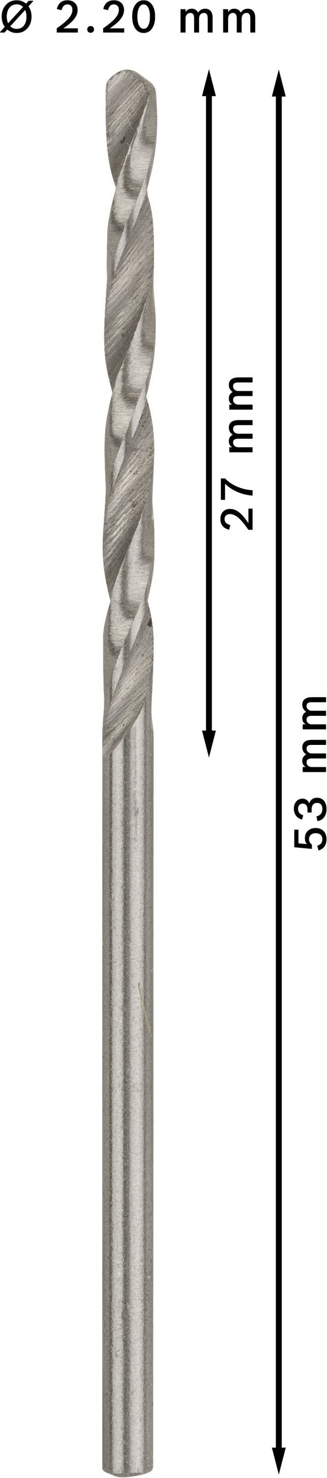 Vrták s průměrem 2,20 mm. Délka řezné části je 27 mm, celková délka 53 mm.
