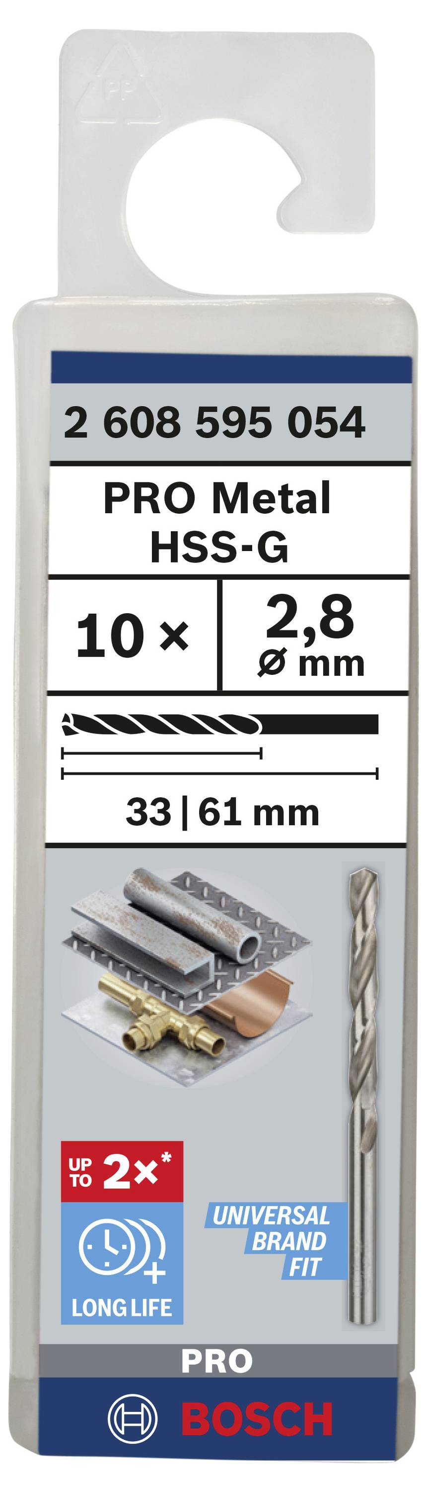 Balení pro Bosch PRO Metal HSS-G vrtáky: 10 kusů, průměr 2,8 mm, délka 33/61 mm. Vhodné pro obrábění kovů.