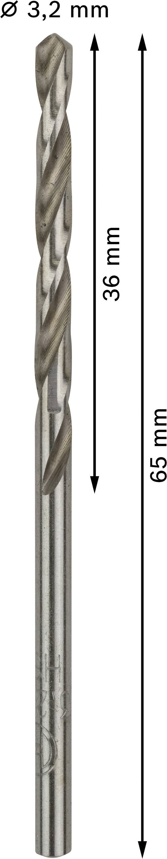 Vrták s průměrem 3,2 mm a celkovou délkou 65 mm. Řezná část měří 36 mm.